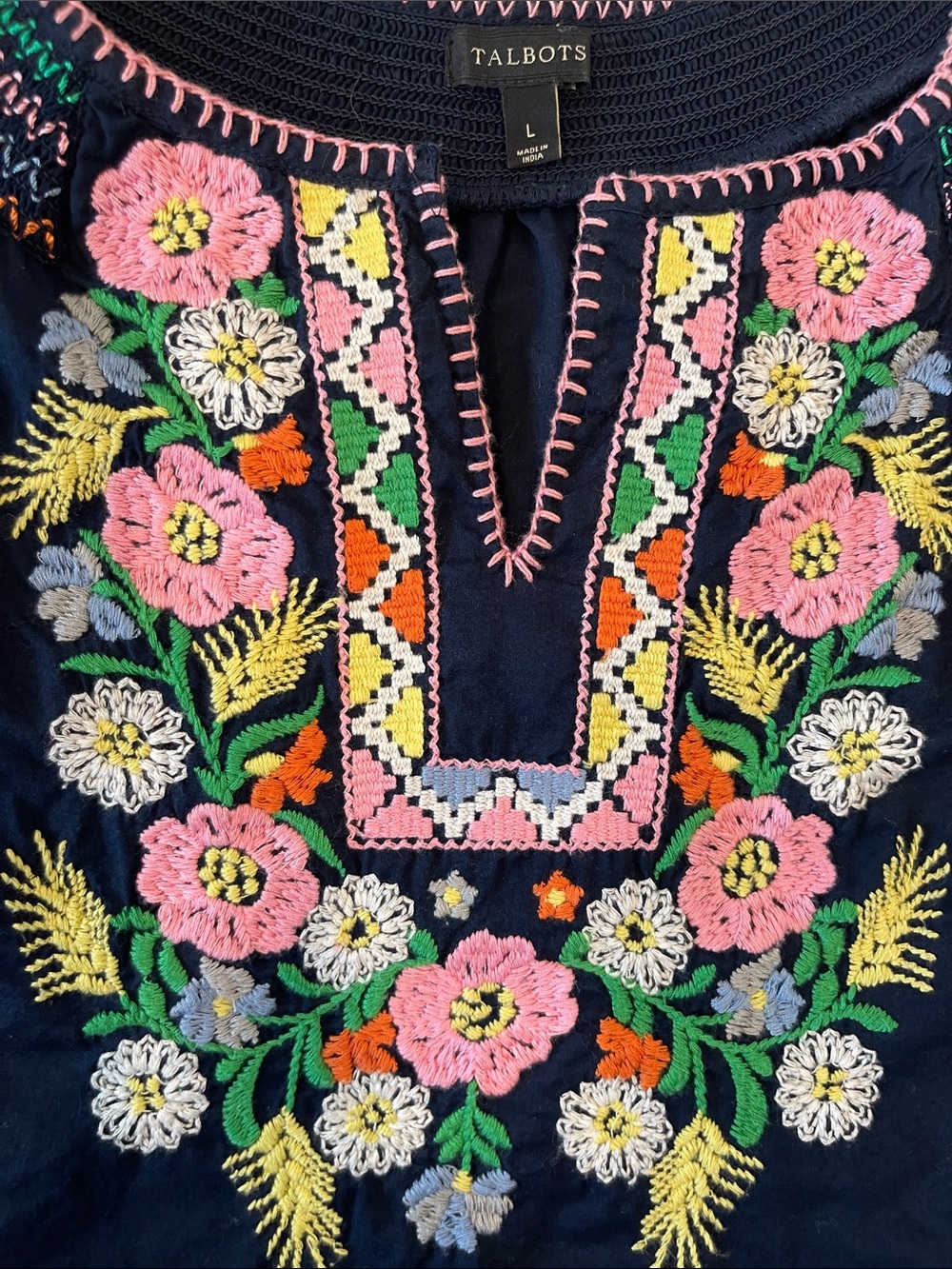 Talbots Navy Short-Sleeve Tunic with Colorful Floral Embroidery - Picture 2 of 4
